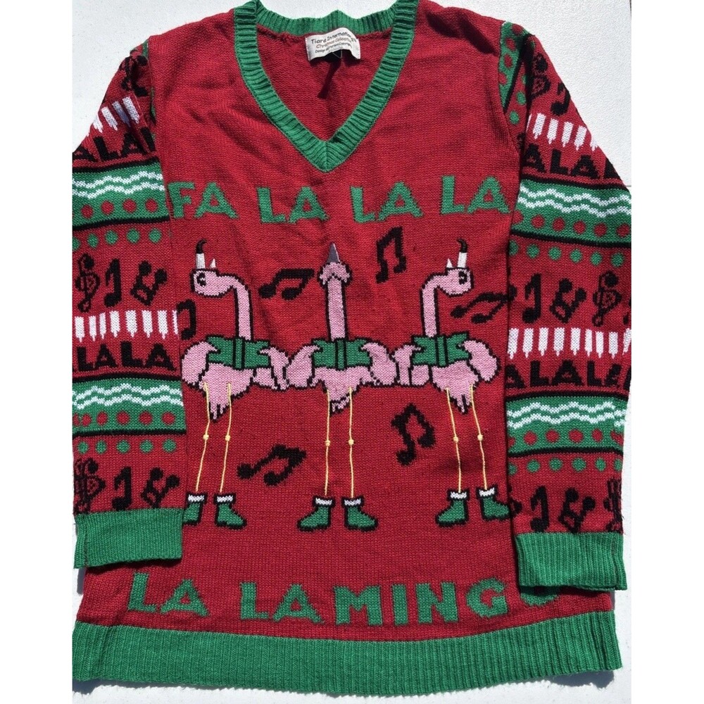 Christmas Sweater Women’s Size Lg Red Singing Flamingo Funny Ugly Holiday